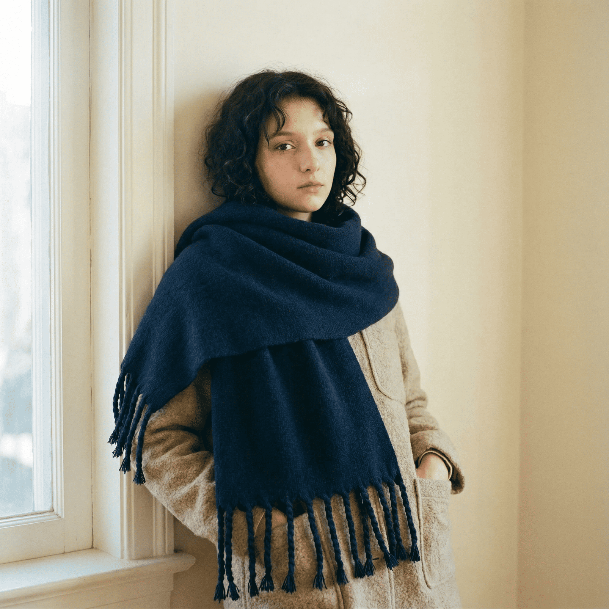 Zara Lacivert Saç Örgü Püsküllü Yumuşak Omuz Şalı