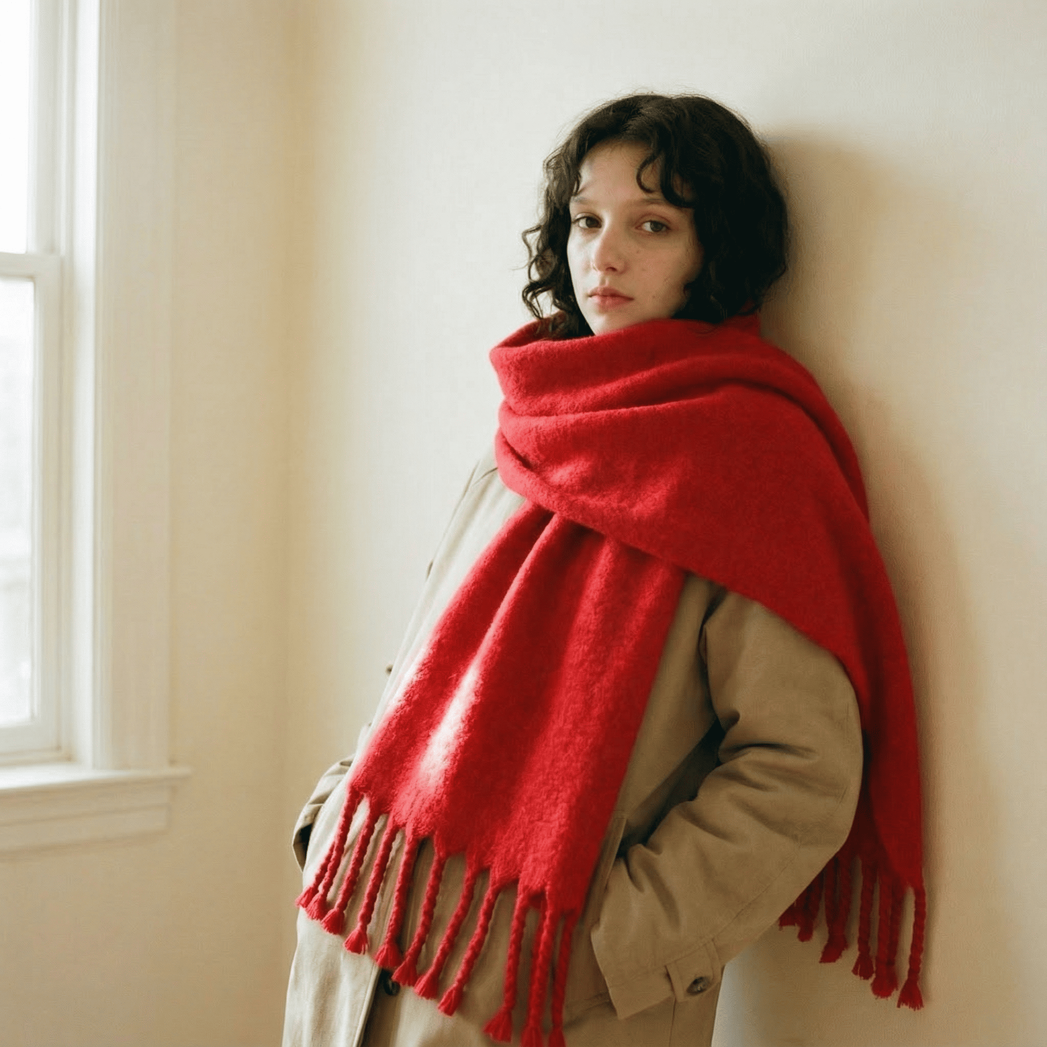 Zara Kırmızı Saç Örgü Püsküllü Yumuşak Omuz Şalı