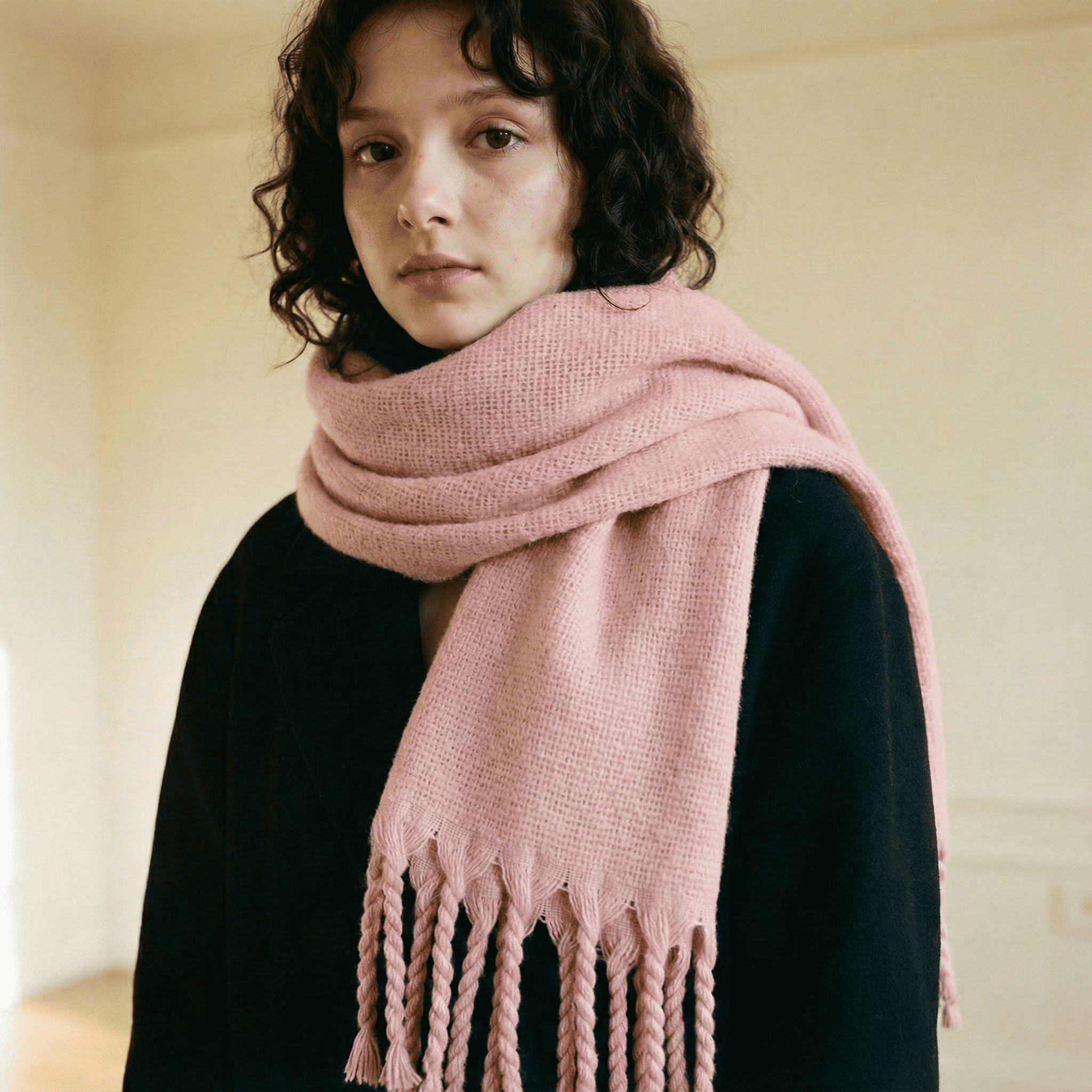 Zara Pembe Saç Örgü Püsküllü Yumuşak Omuz Şalı