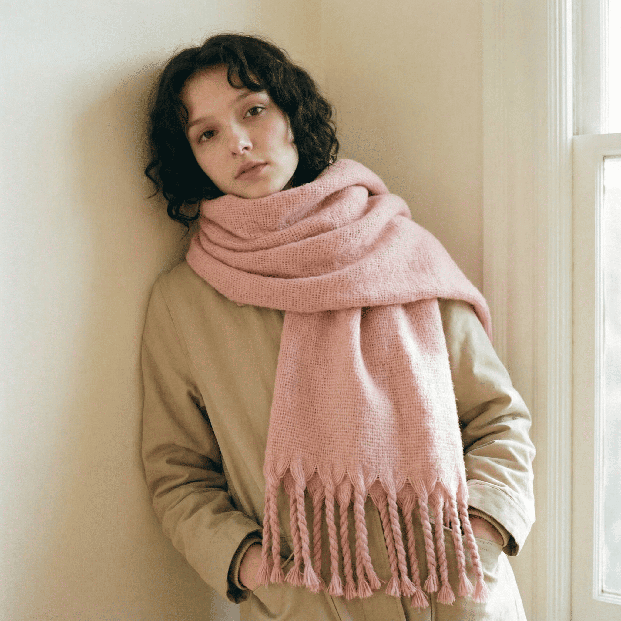 Zara Pembe Saç Örgü Püsküllü Yumuşak Omuz Şalı