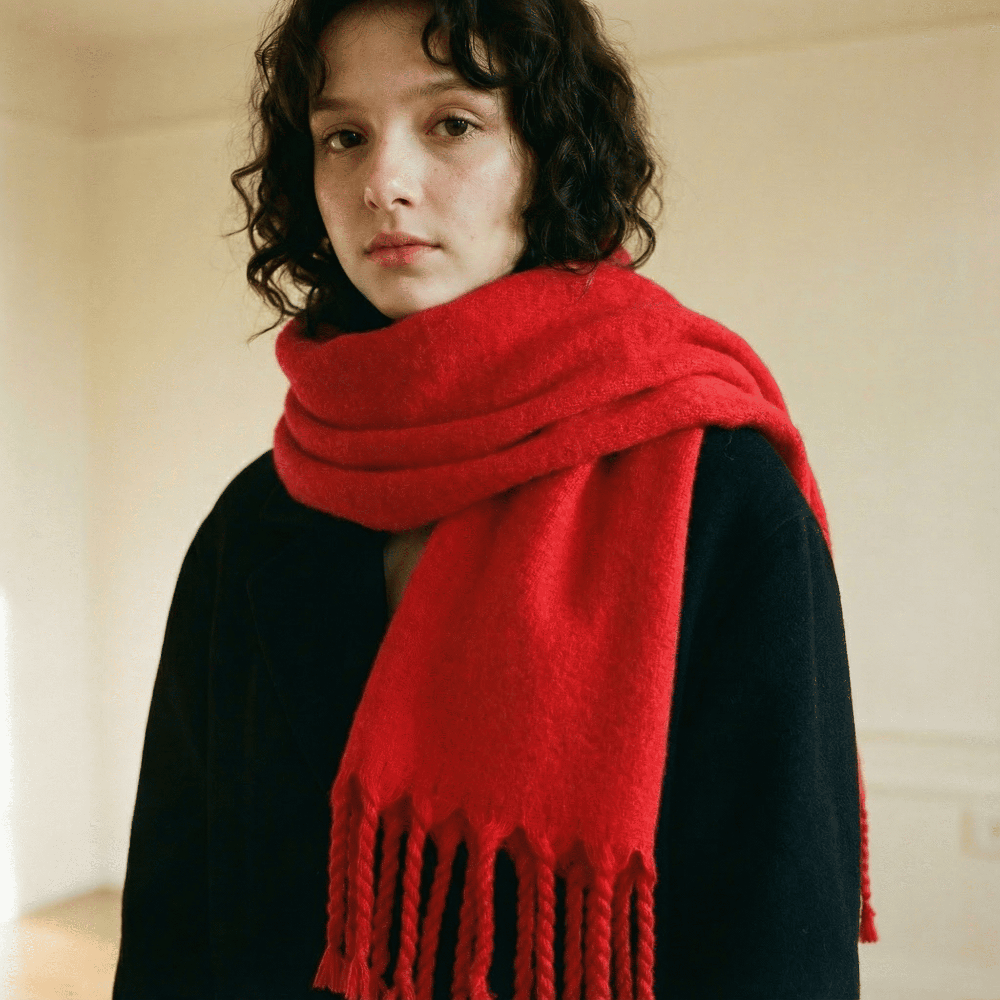 Zara Kırmızı Saç Örgü Püsküllü Yumuşak Omuz Şalı