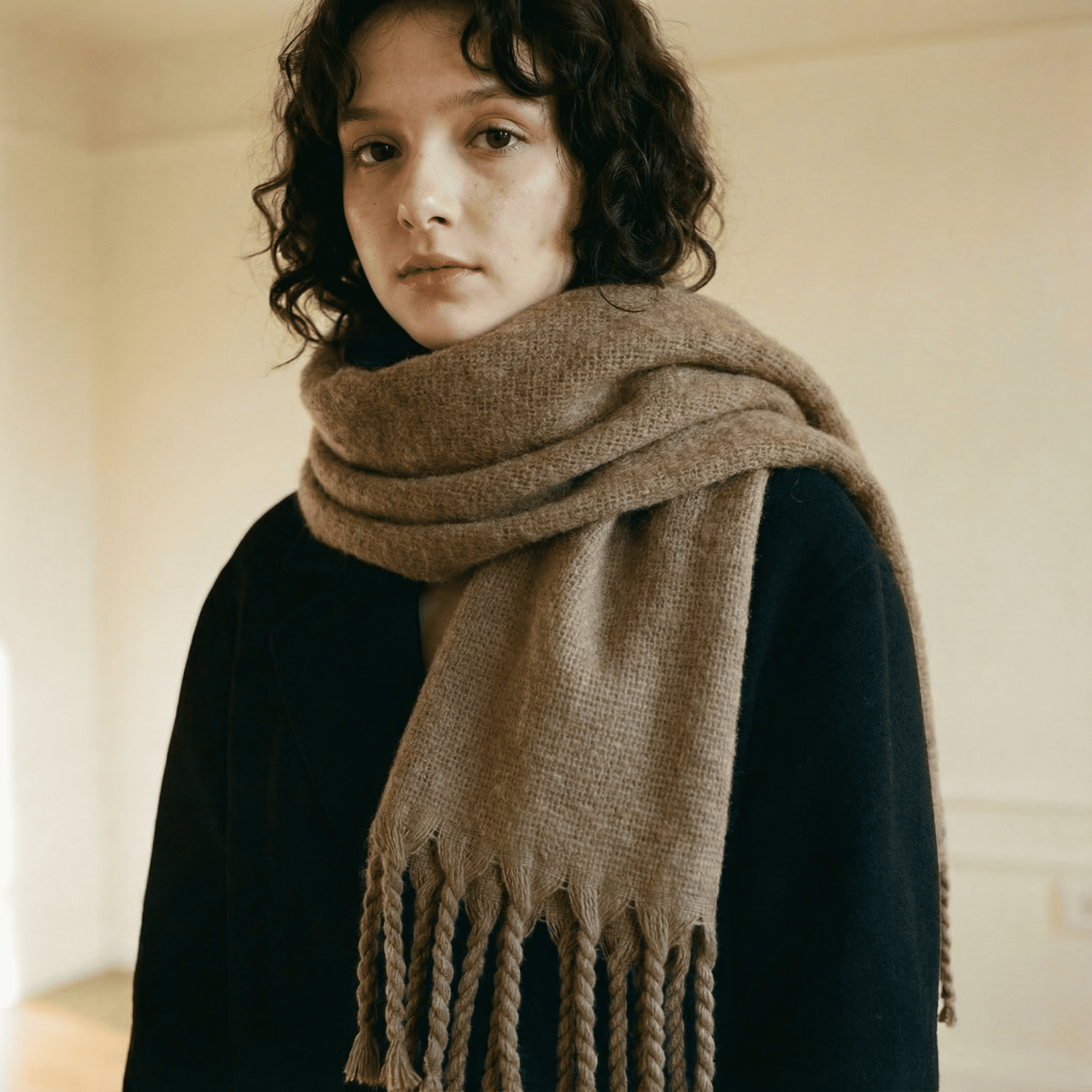 Zara Sütlü Kahve Saç Örgü Püsküllü Yumuşak Omuz Şalı