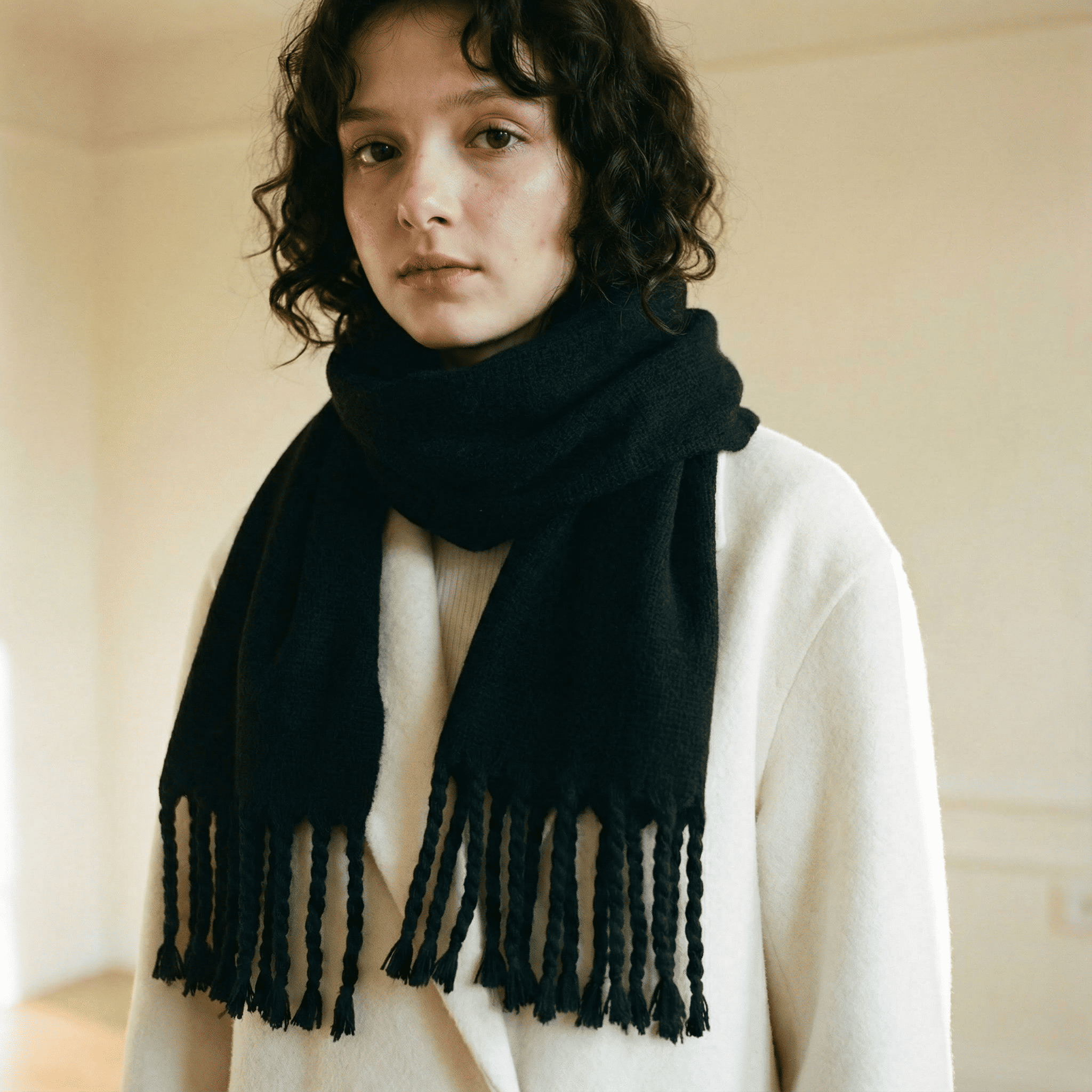 Zara Siyah Saç Örgü Püsküllü Yumuşak Omuz Şalı