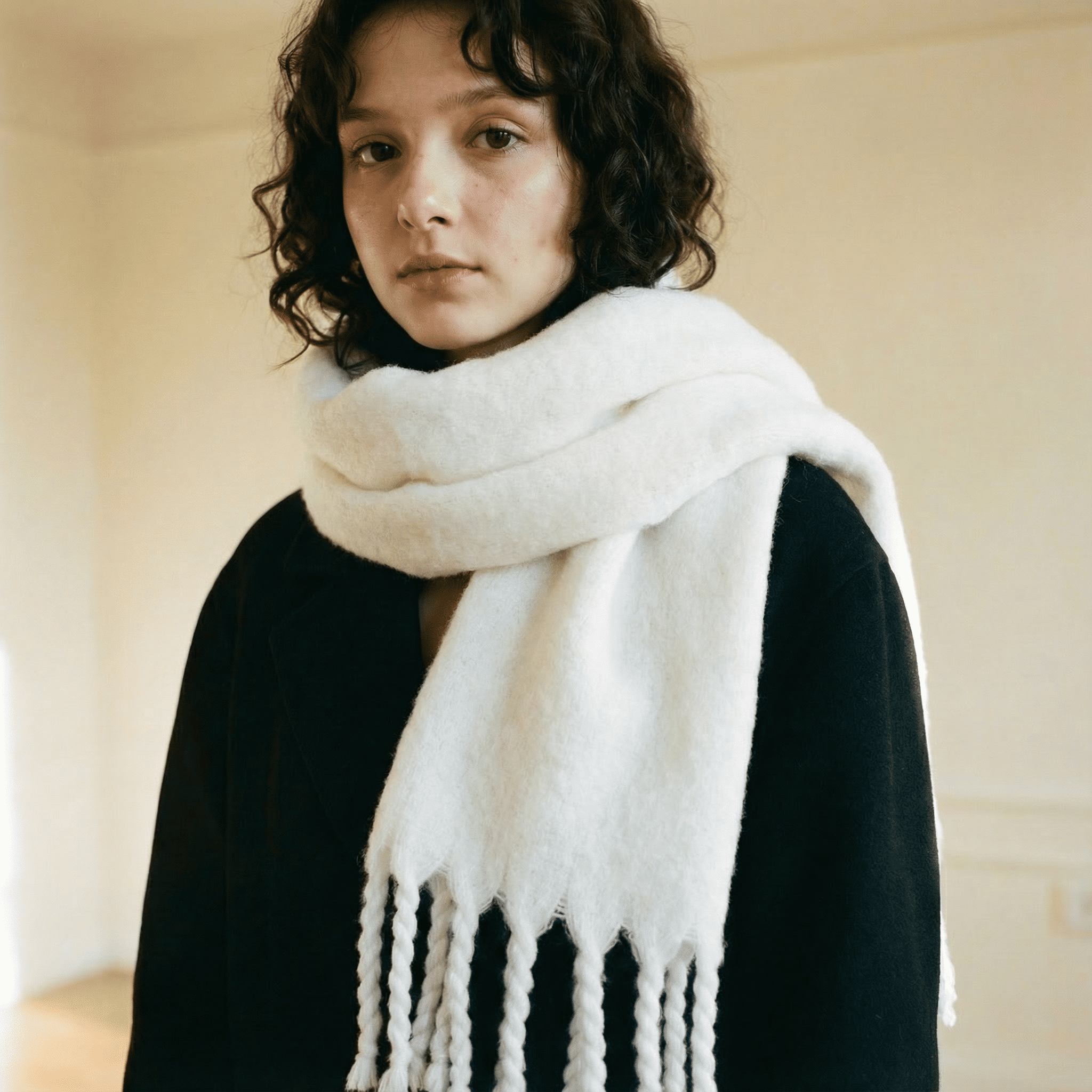 Zara Beyaz Saç Örgü Püsküllü Yumuşak Omuz Şalı