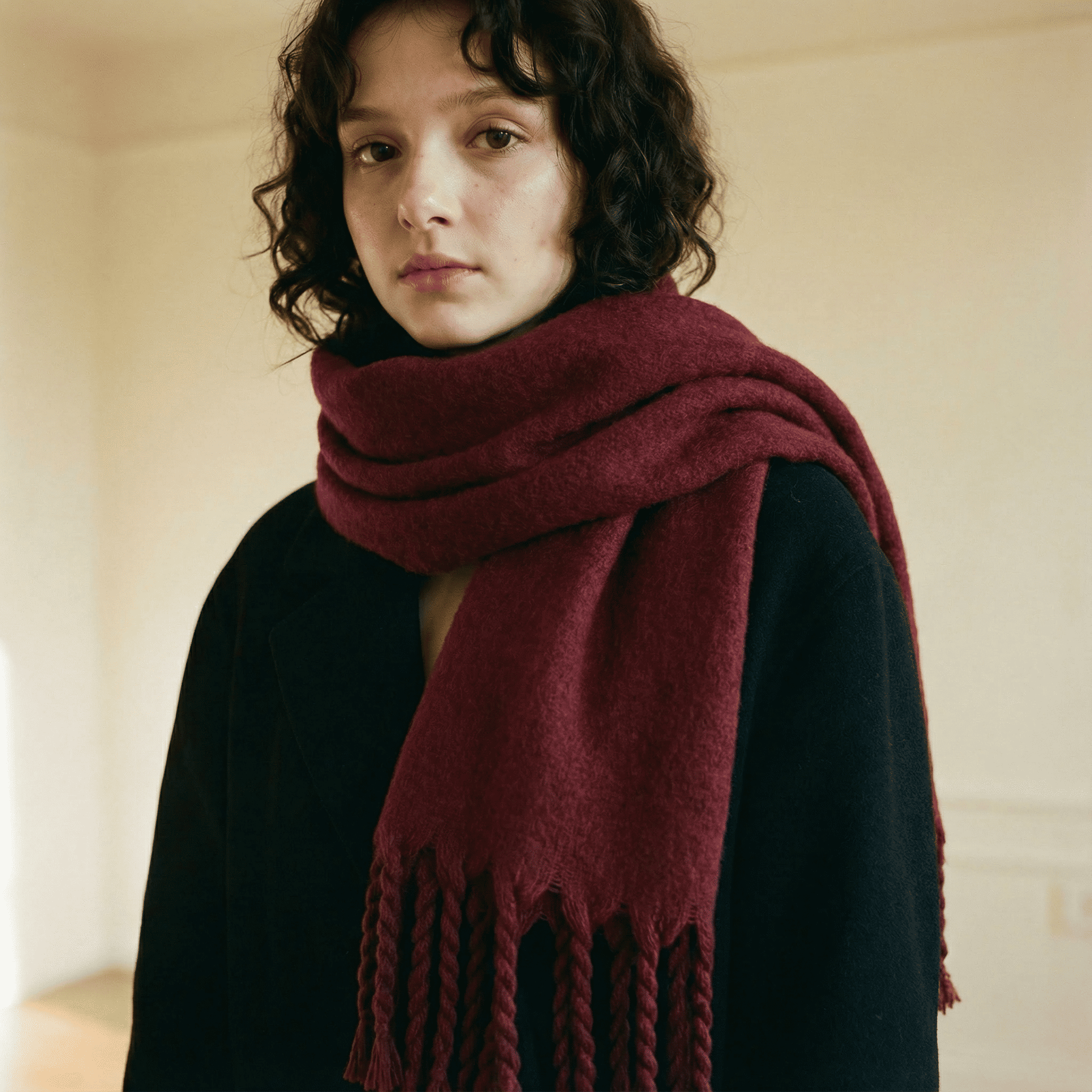 Zara Bordo Saç Örgü Püsküllü Yumuşak Omuz Şalı