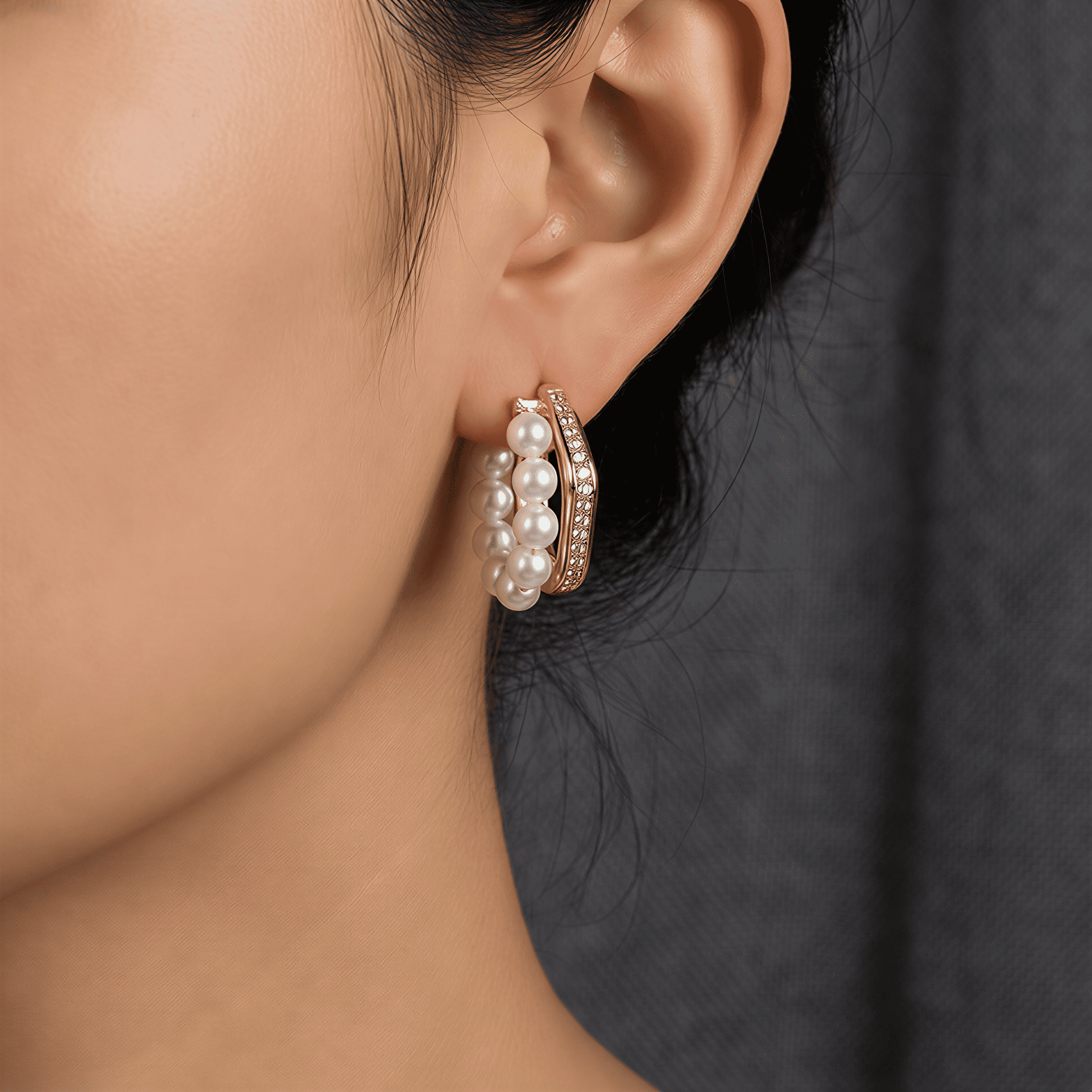 İnci ve Zirkon Taşlı Çift Sıra Halka Küpe