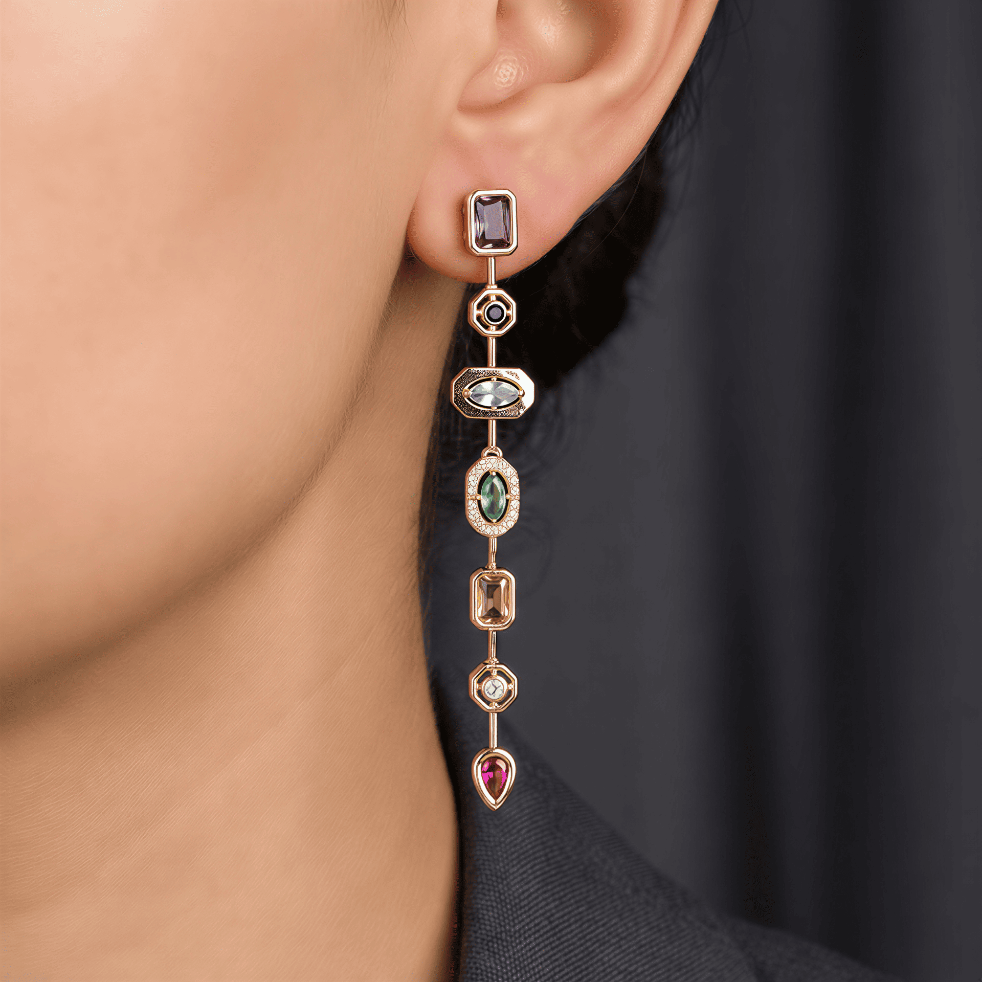 Geometrik Formlu Renkli Taşlı Uzun Küpe