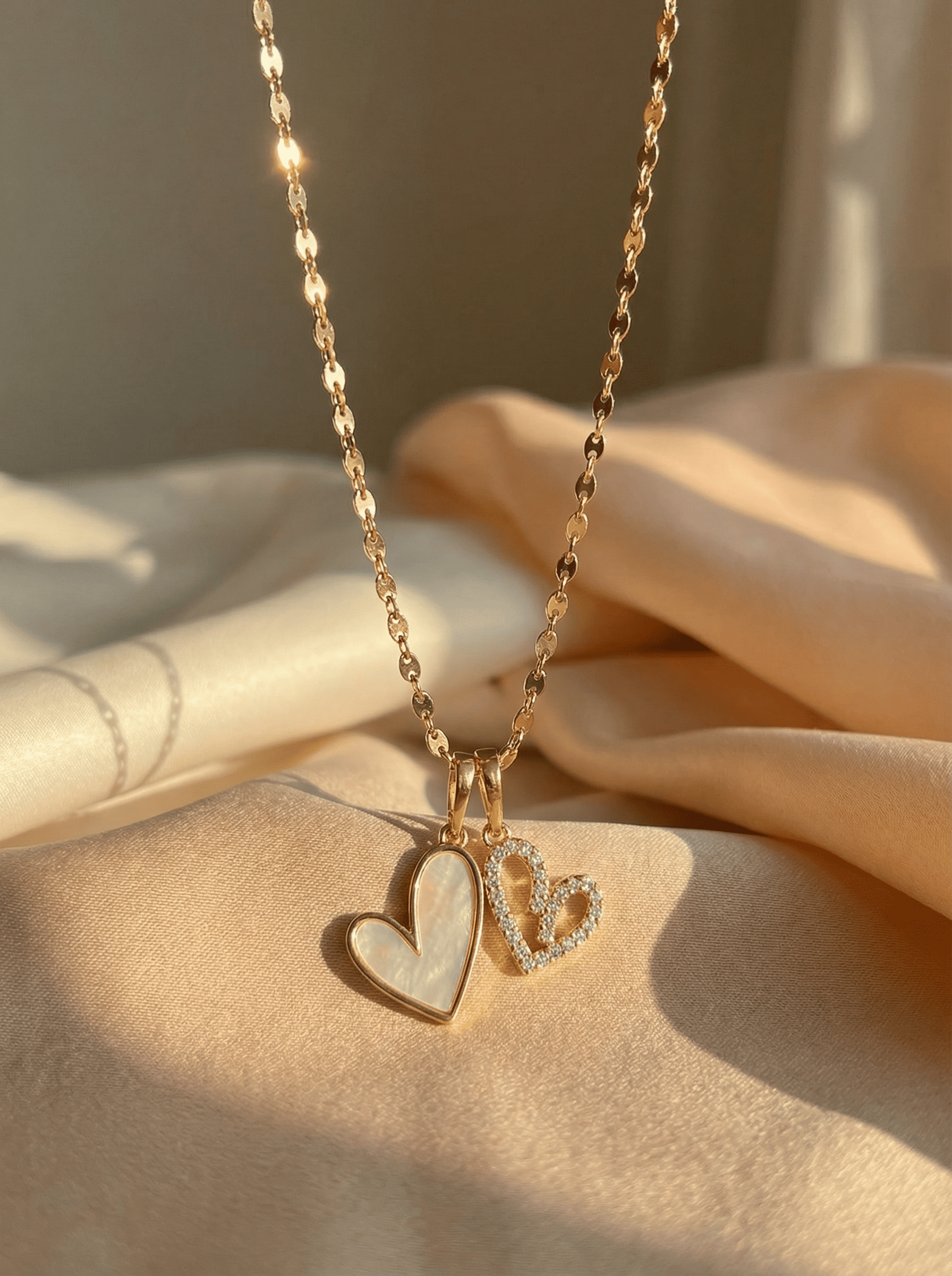 Sedef ve Işıltılı Çift Kalp Kolye