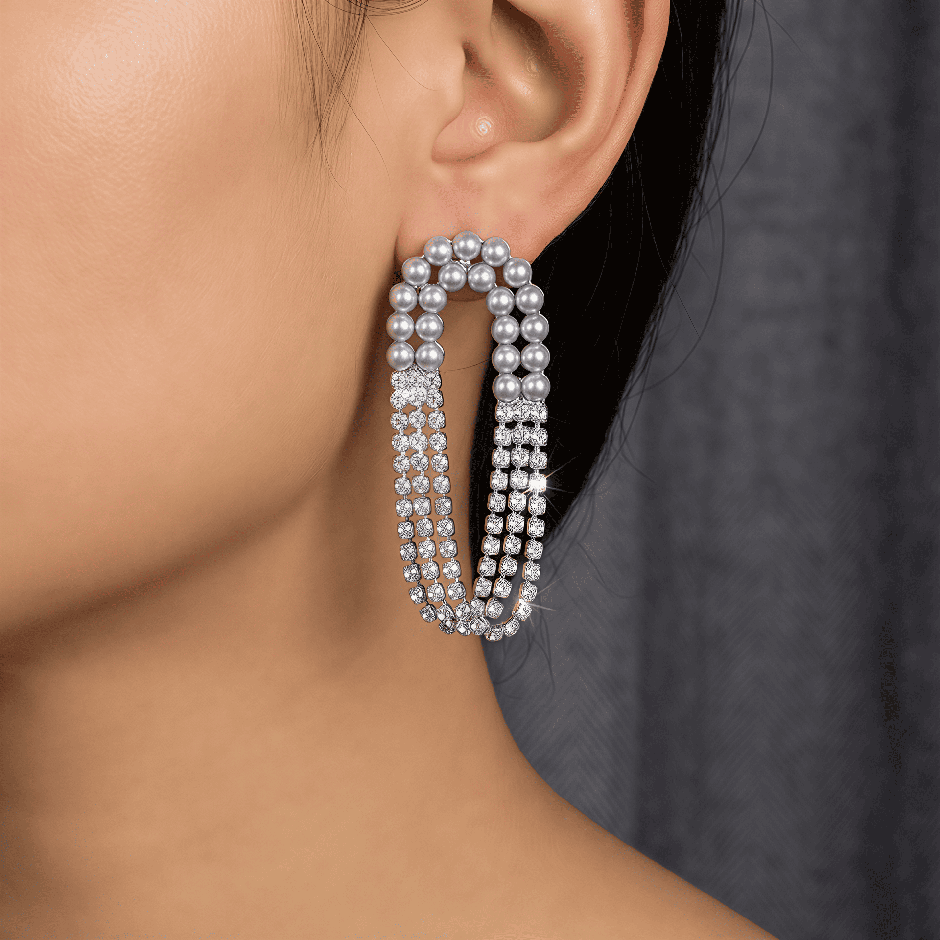 İnci Kemerli Kristal Zincir Püskül Küpe