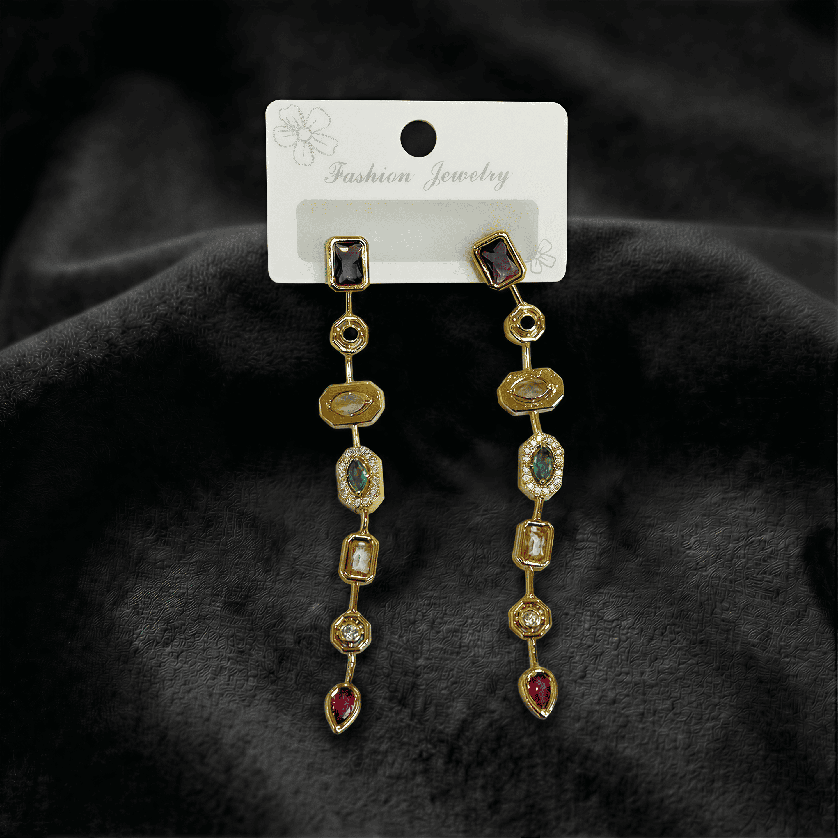 Geometrik Formlu Renkli Taşlı Uzun Küpe