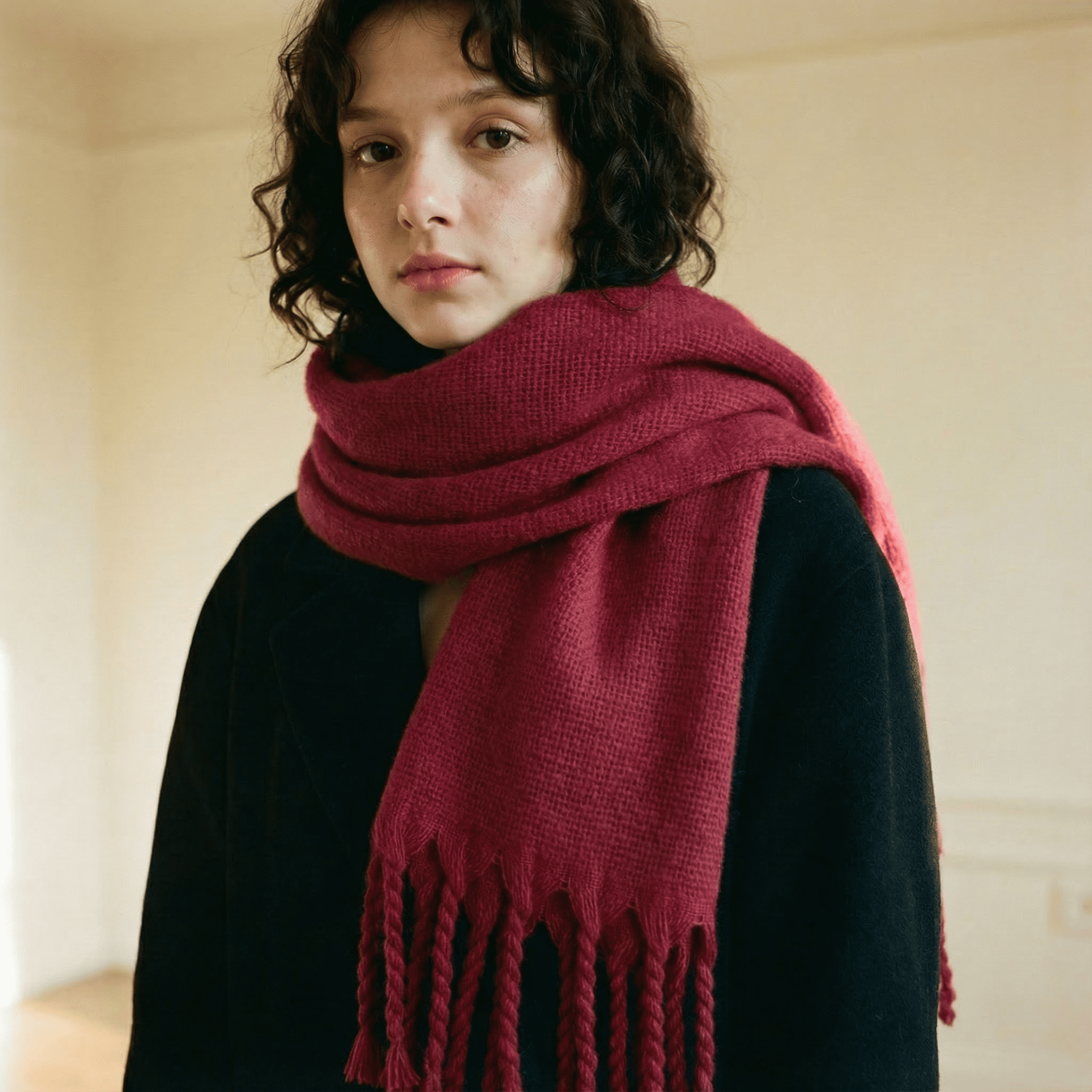 Zara Vişne Çürüğü Saç Örgü Püsküllü Yumuşak Omuz Şalı