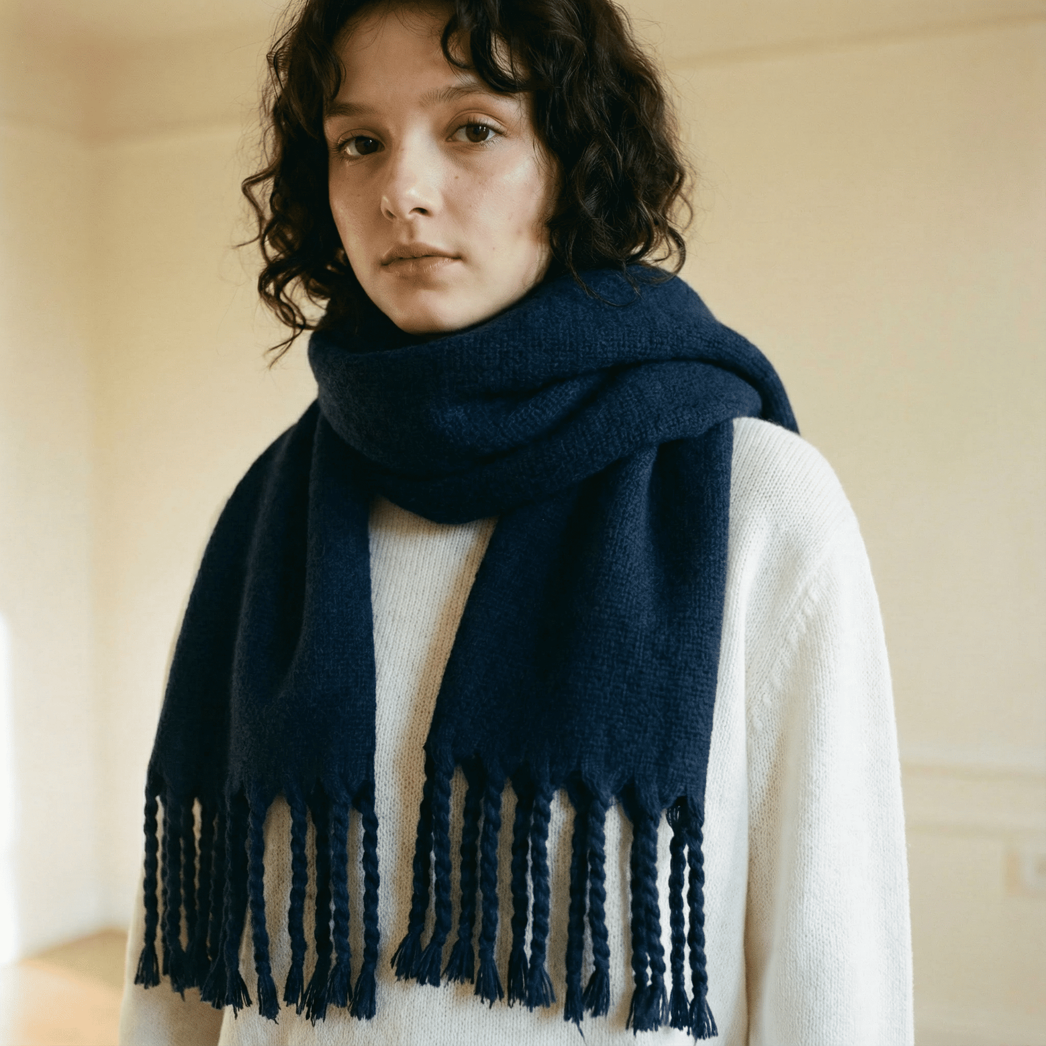 Zara Lacivert Saç Örgü Püsküllü Yumuşak Omuz Şalı