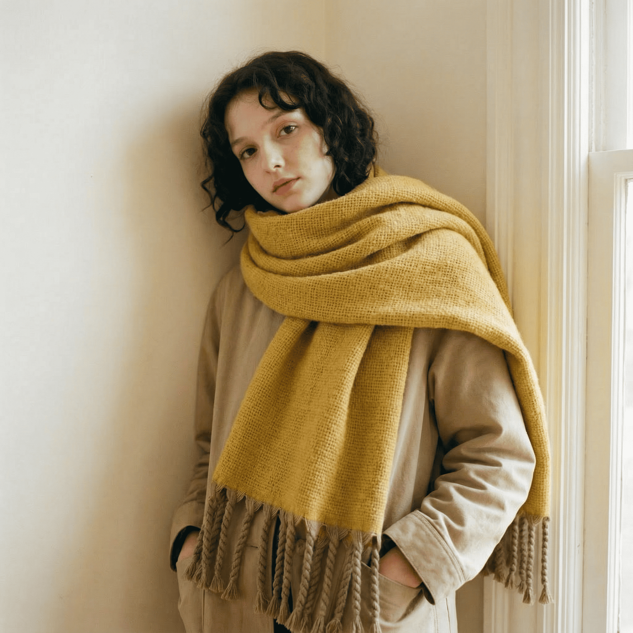 Zara Hardal Sarısı Saç Örgü Püsküllü Yumuşak Omuz Şalı