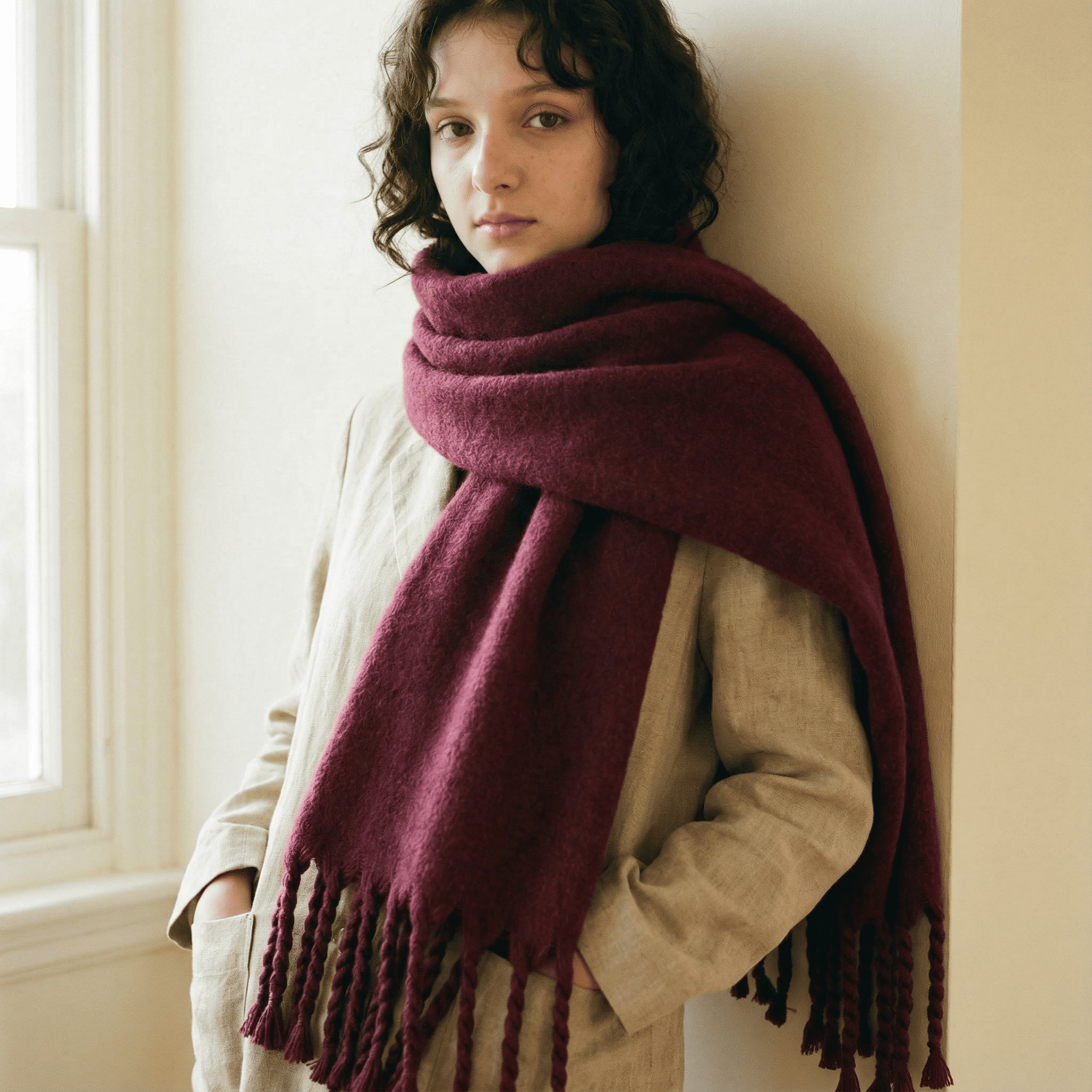 Zara Bordo Saç Örgü Püsküllü Yumuşak Omuz Şalı