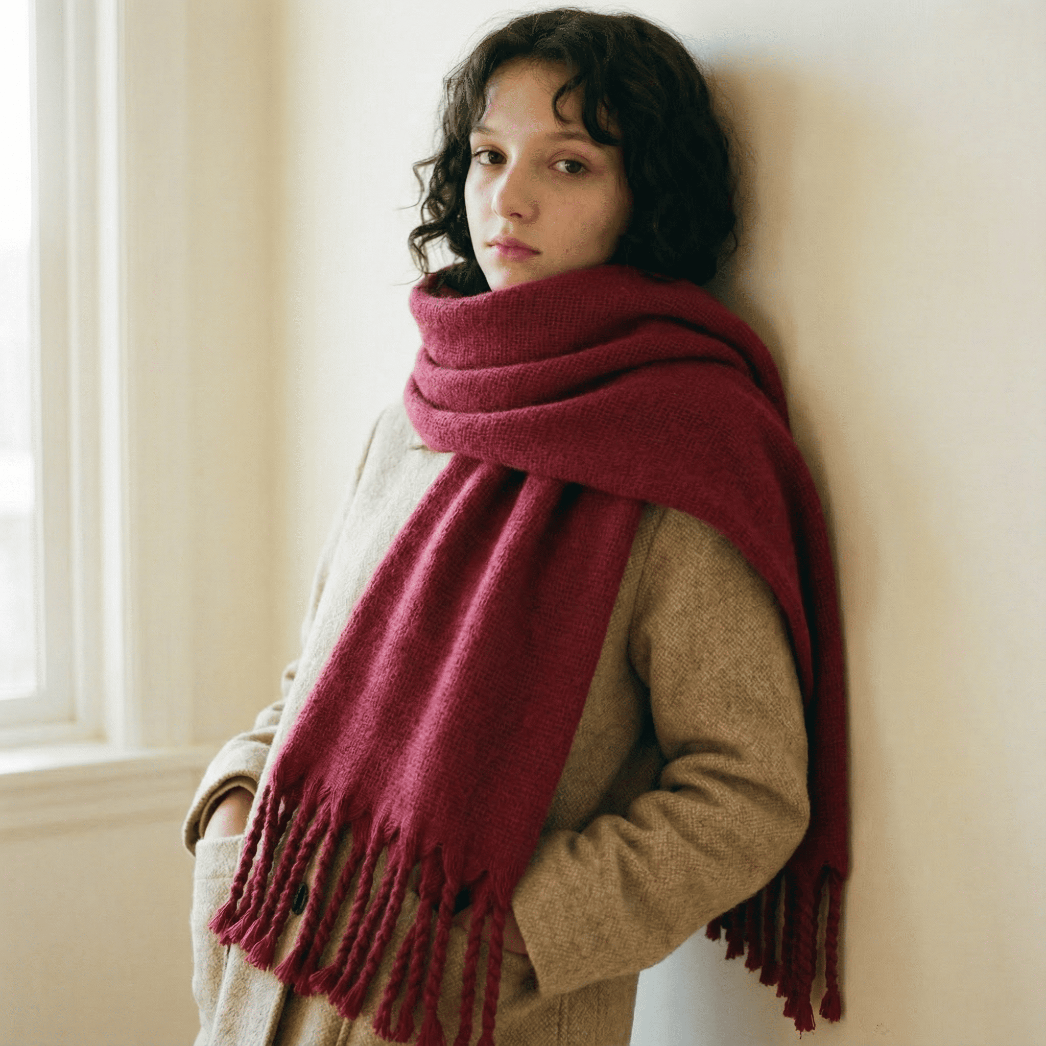 Zara Vişne Çürüğü Saç Örgü Püsküllü Yumuşak Omuz Şalı