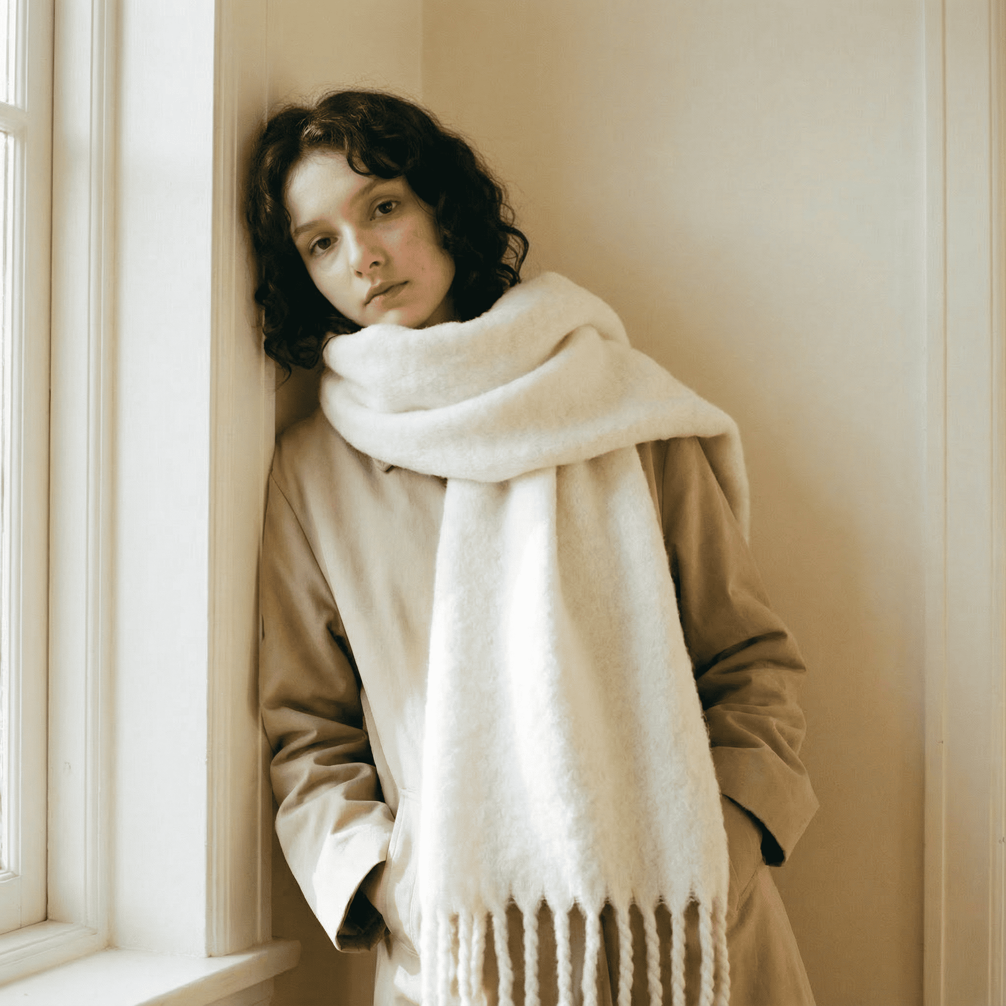 Zara Beyaz Saç Örgü Püsküllü Yumuşak Omuz Şalı