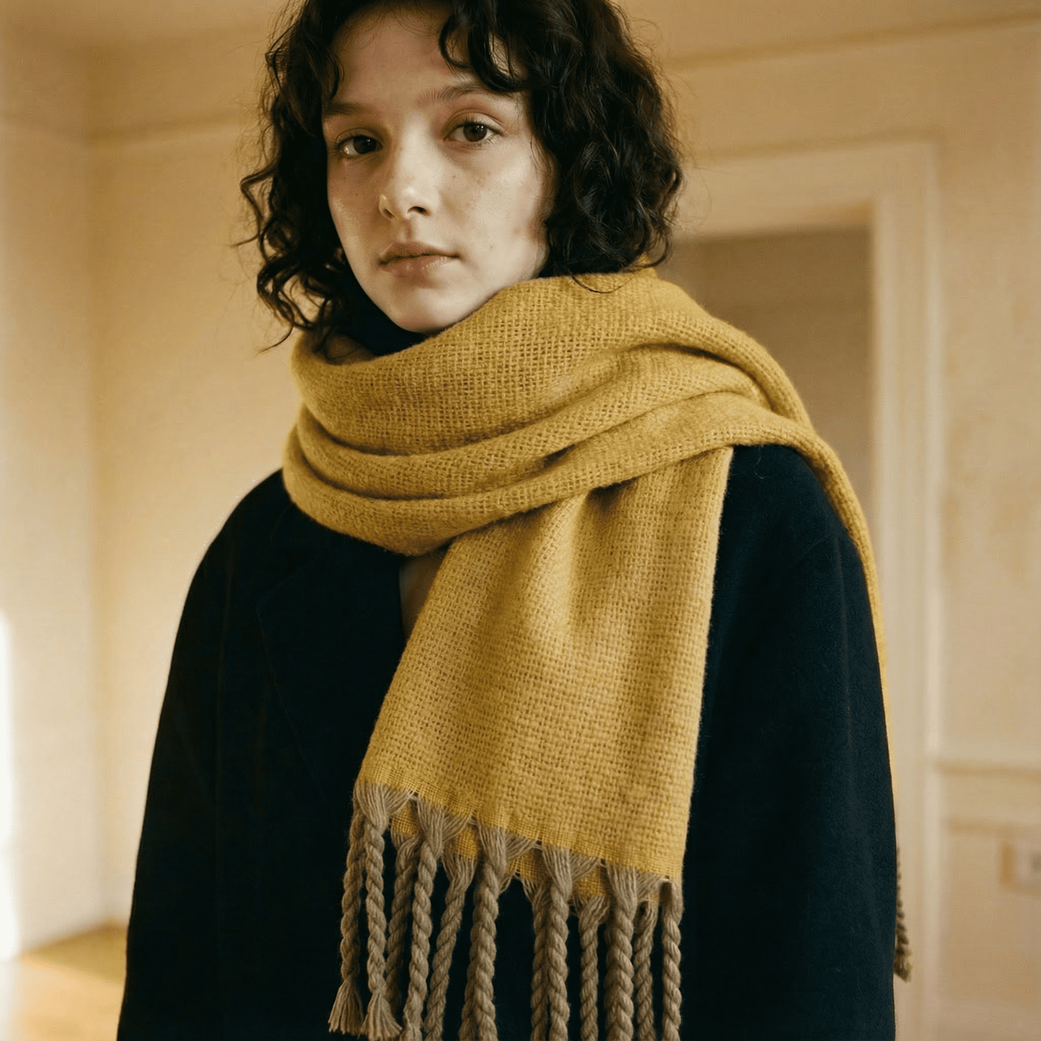 Zara Hardal Sarısı Saç Örgü Püsküllü Yumuşak Omuz Şalı