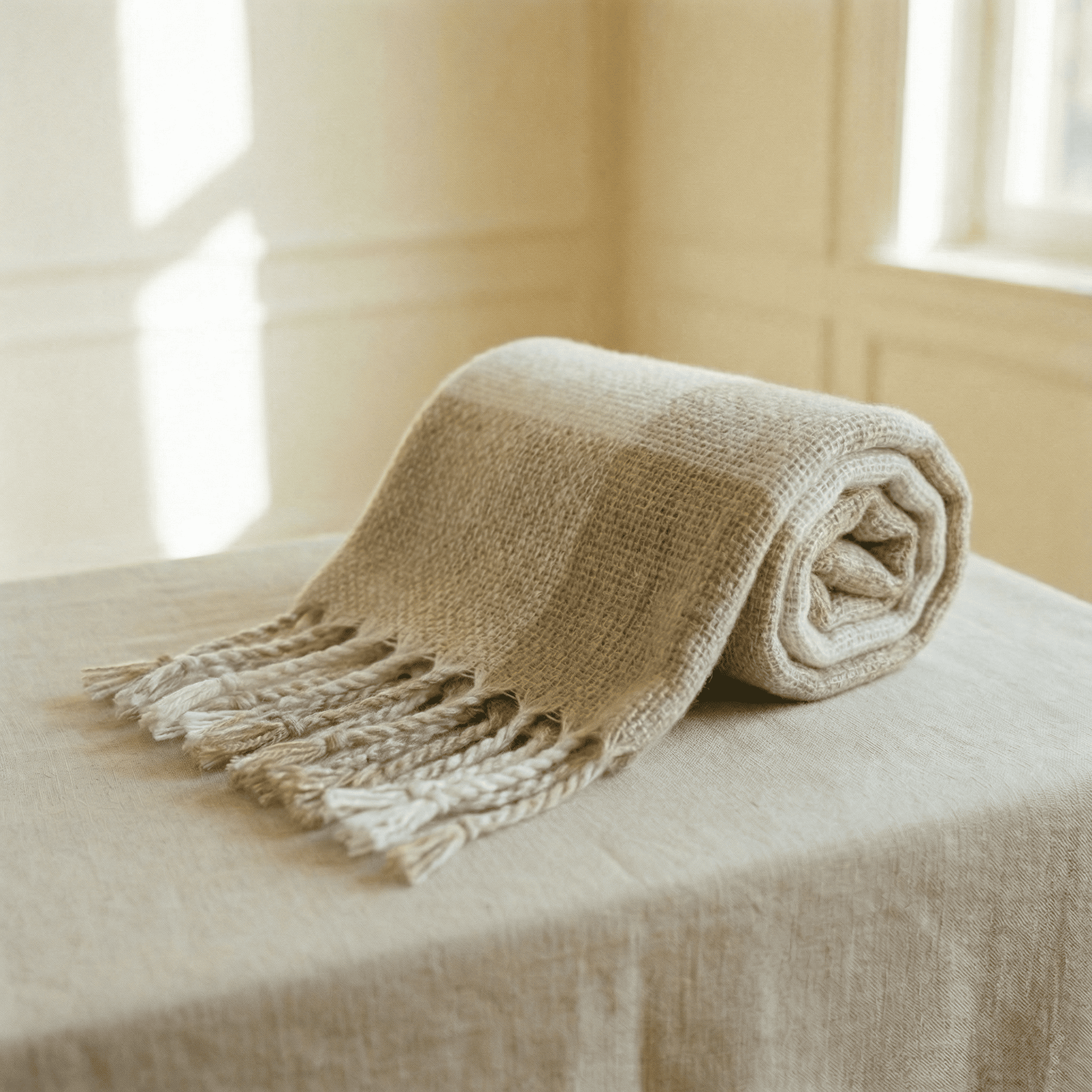 Bej Ekose Desenli Kalın Püsküllü Şal