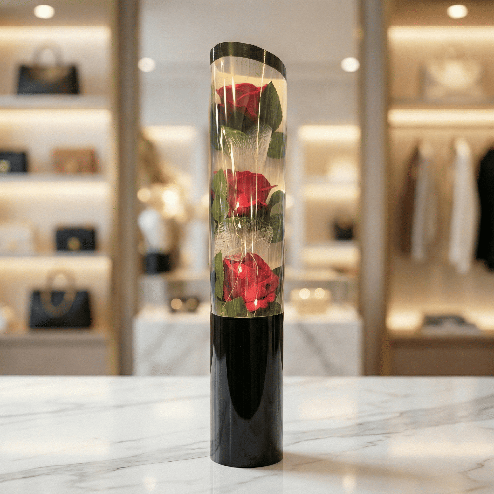 Siyah Silindir Kutuda 3'lü Gül ve Led Işık Tasarımı