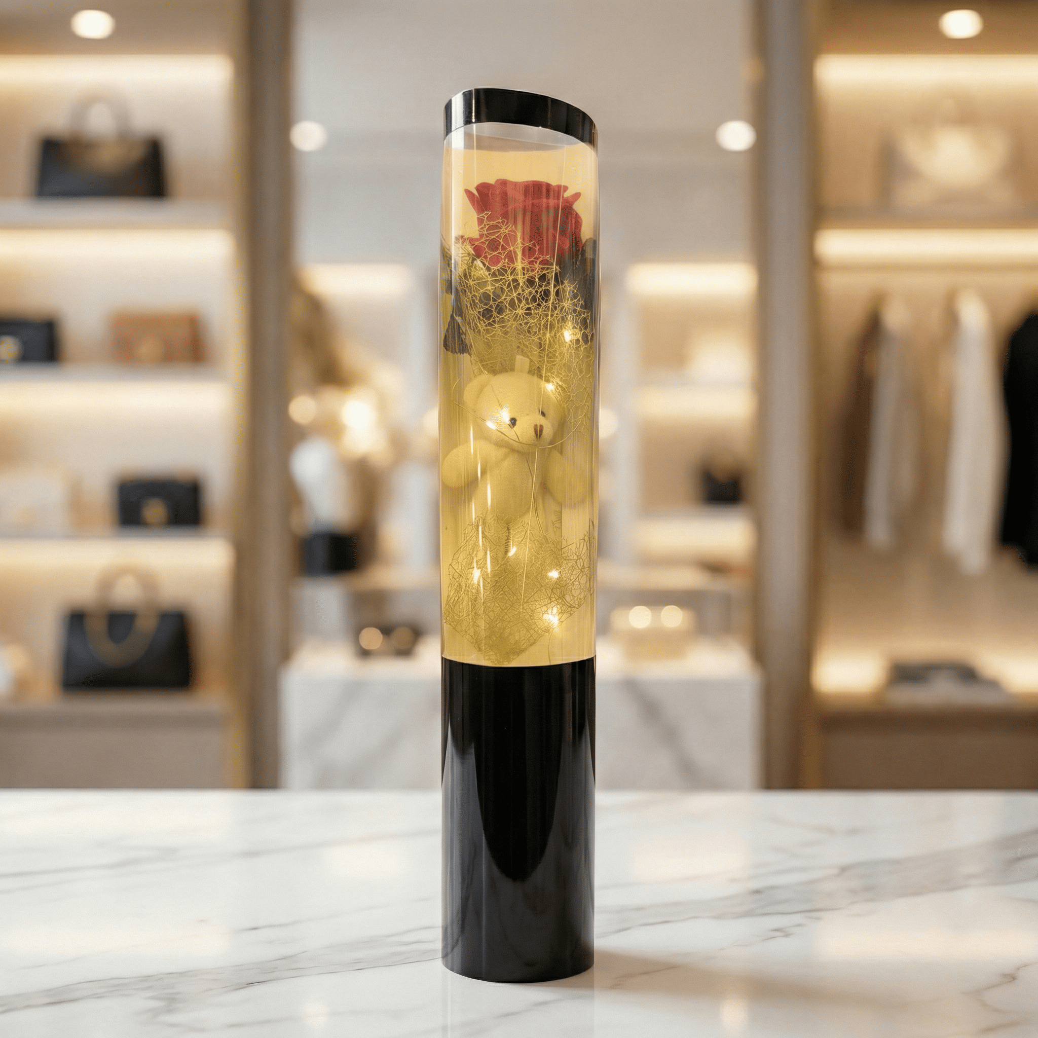 Işıklı Silindir Kutuda Ayıcık ve Gül Tasarımı Led Işıklı